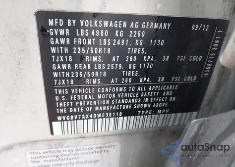 2013 Volkswagen Tiguan S/Se/Sel из США, поврежденный, VIN WVGBV7AX4DW535118